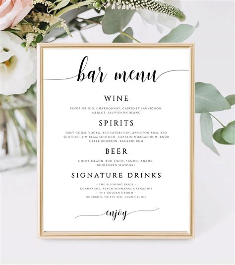 free wedding bar menu template.